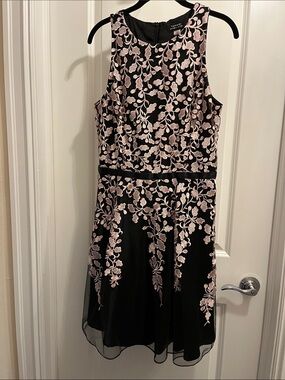 Tahari ASL Black Cocktail Fit and Flair Dress with Blush Pink Floral Embroidery